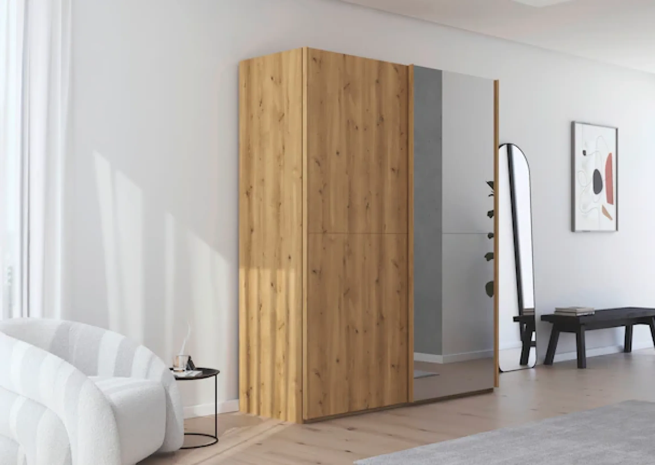 rauch Schwebetürenschrank »Kleiderschrank Schrank Garderobe Schlafzimmerschrank SCALE-WOOD« edle geteilte Front in massiver Asteiche mit Spiegel MADE IN GERMANY