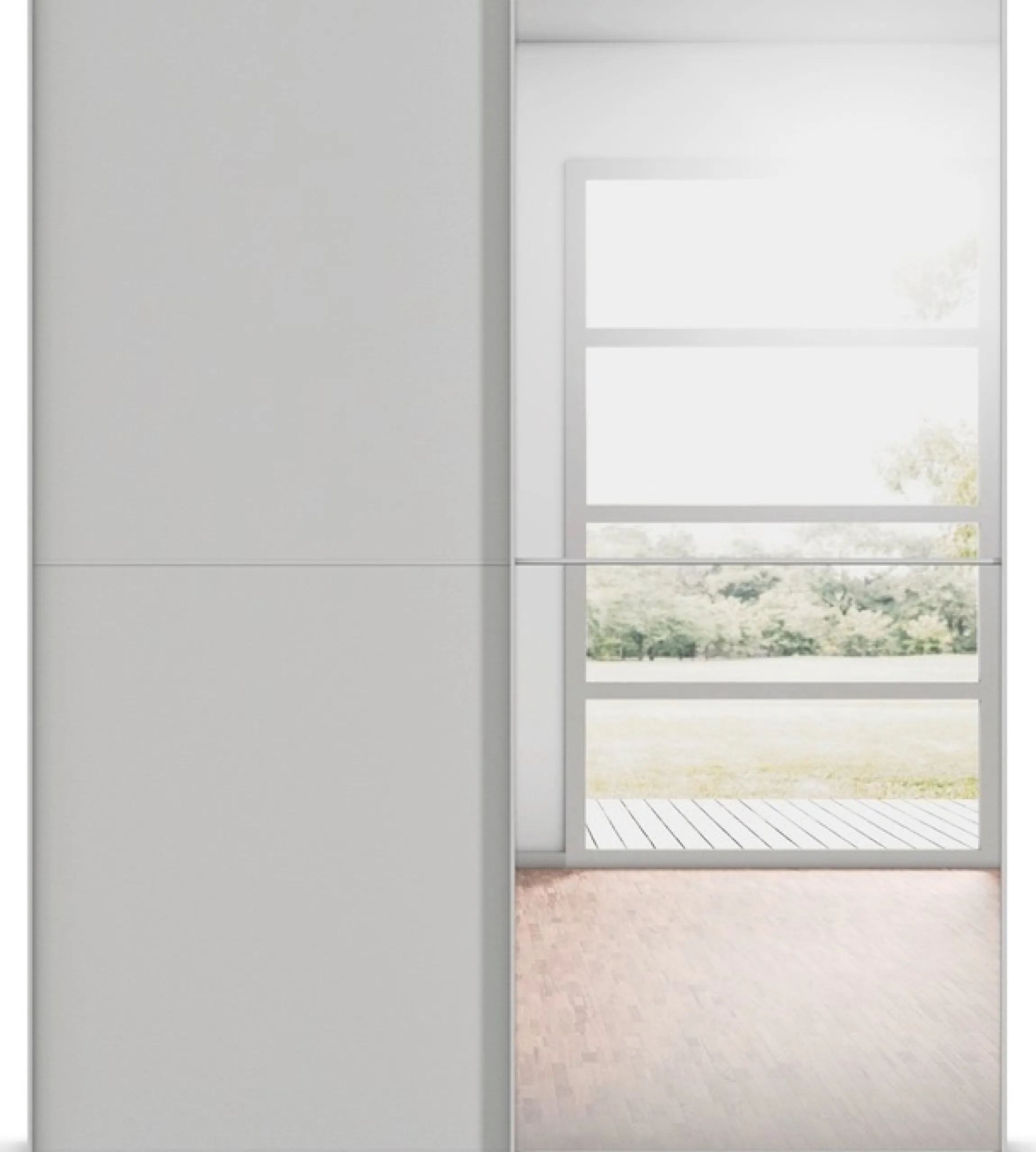 rauch Schwebetürenschrank »Kleiderschrank Schrank Garderobe Schlafzimmerschrank SCALE-DUO« edle zweigeteilte Türen, Spiegel und 3 Zierleisten MADE IN GERMANY