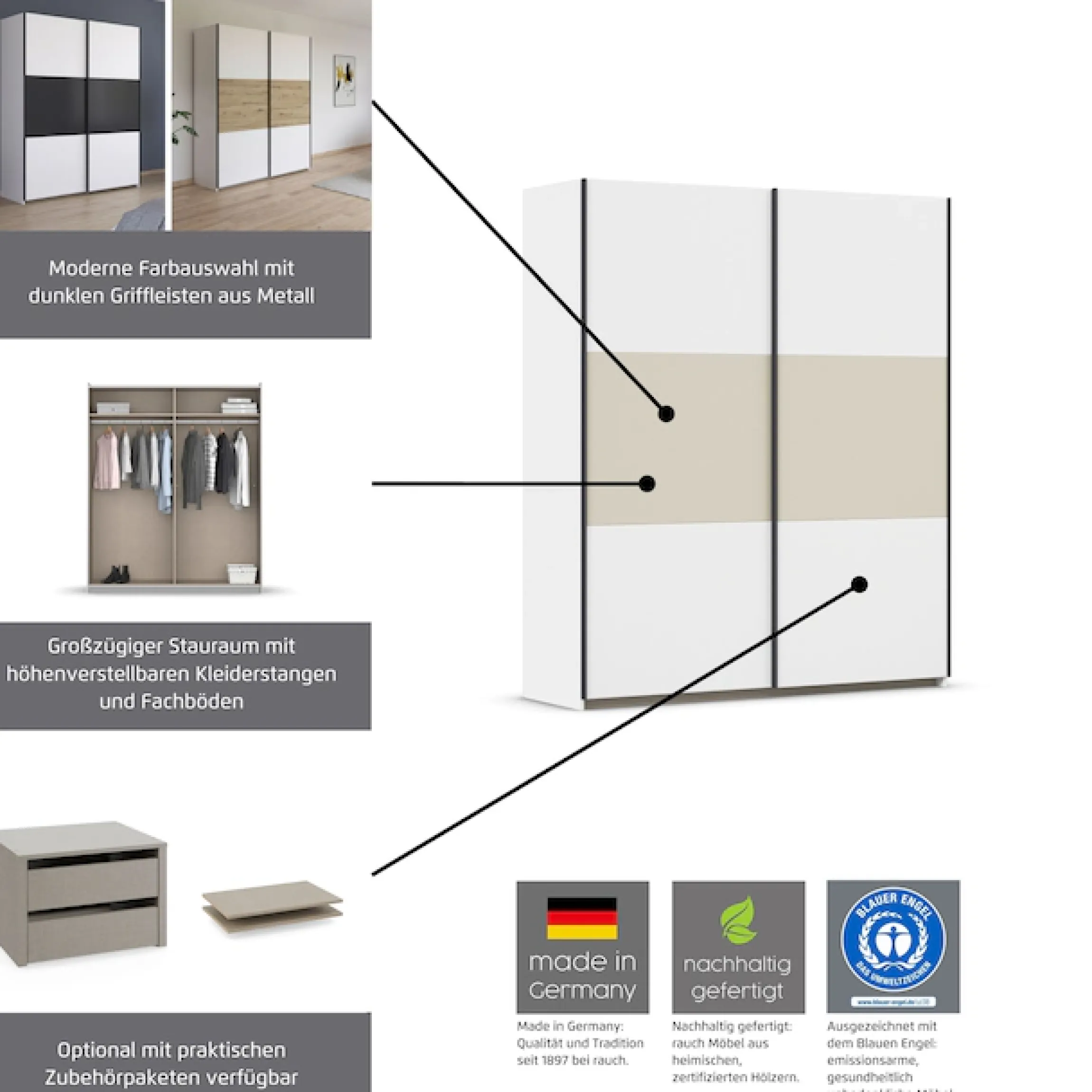 rauch Schwebetürenschrank »Kleiderschrank Schrank Garderobe Garderobenschrank Wäscheschrank NEO« 3 verschiedene Ausstattungen BASIC/CLASSIC/PREMIUM (inkl. SOFT-CLOSE),mit großzügigem Stauraum und vielfältigen Farbkombinationen