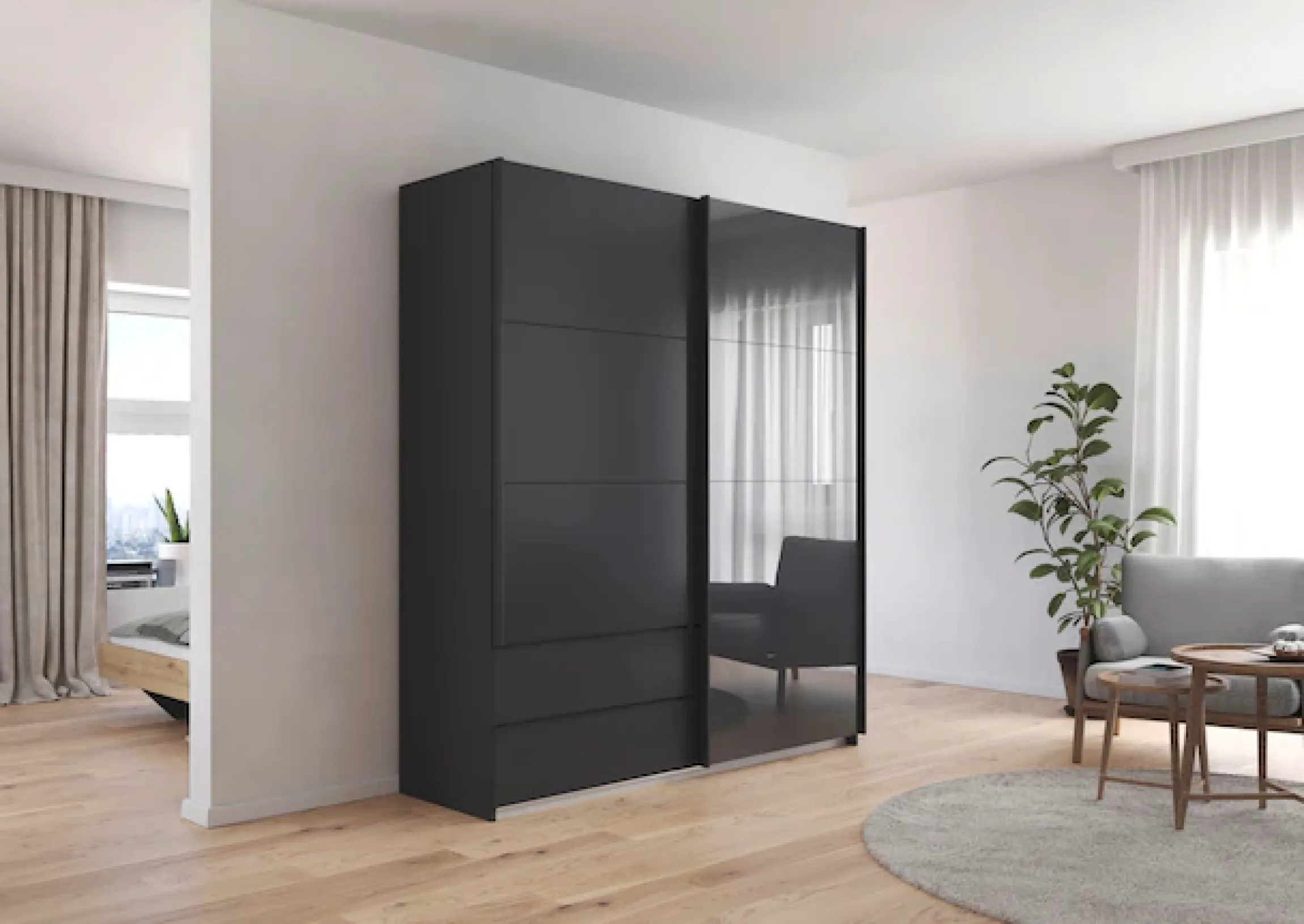 rauch Schwebetürenschrank »Kleiderschrank Schrank Garderobe ELARA Glastür/Grauspiegel« praktische Schubladen optional farblich abgesetzt MADE IN GERMANY