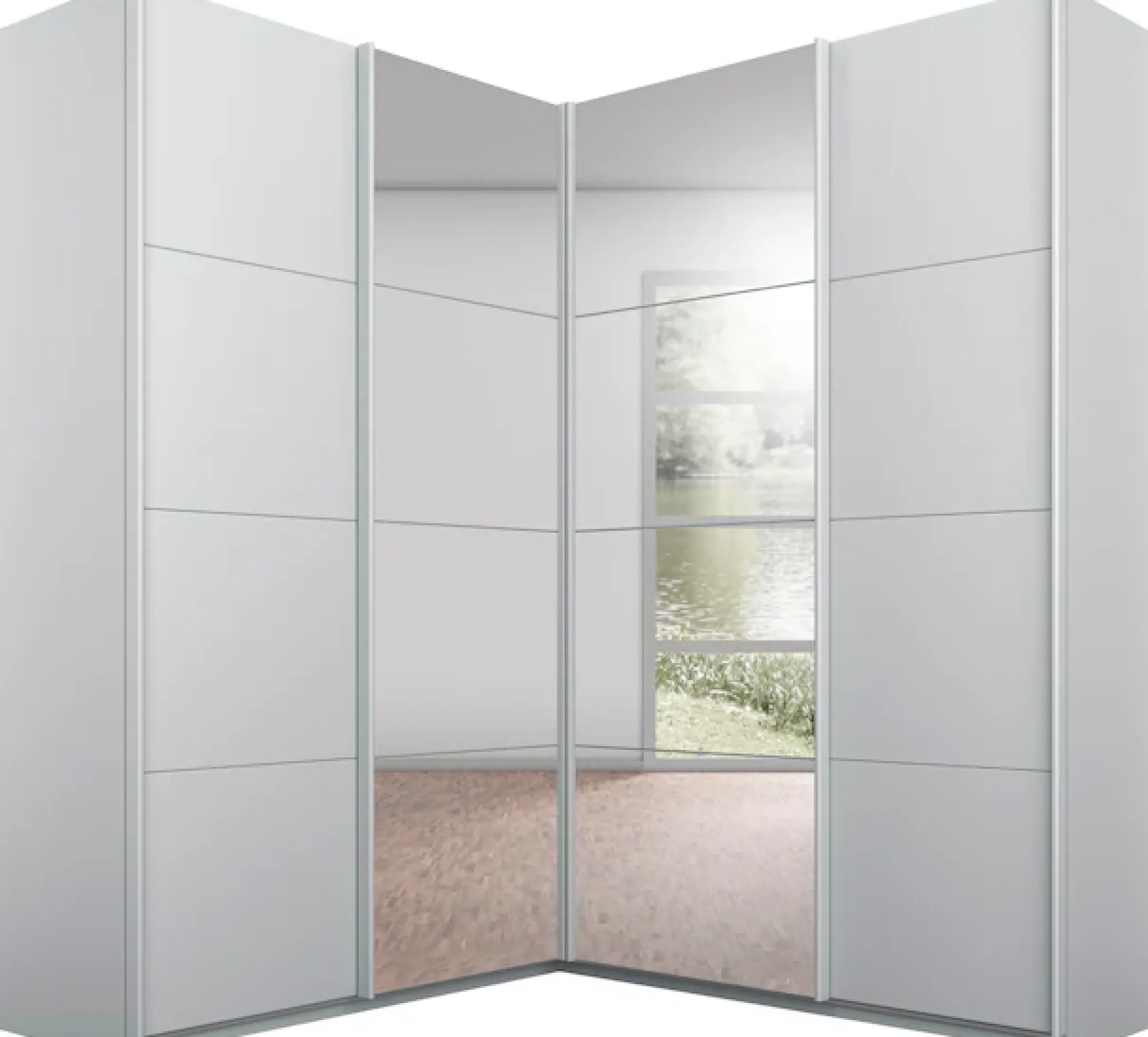 rauch Schwebetürenschrank »Schrank Garderobe Eckkleiderschrank QUADRA Front in Dekor/Hochglanz« in den Höhen 210/229 cm, inkl. Soft-Close-Funktion,großer Eckschrank mit viel Stauraum, Maß 181x187 cm MADE IN GERMANY