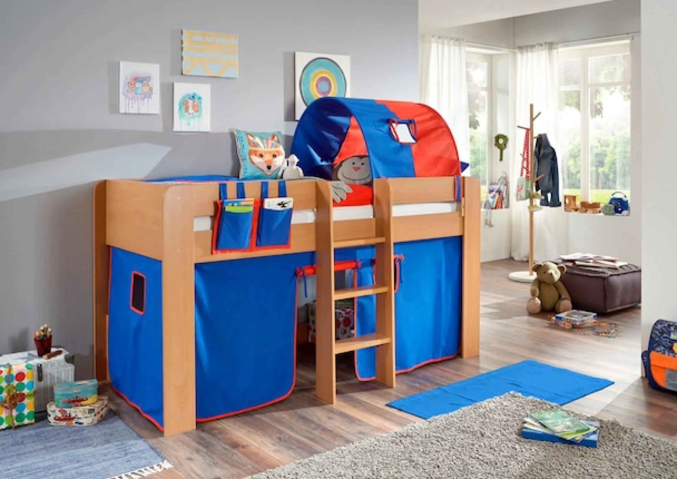 Relita Hochbett »Andi« mit Rolllattenrost, Textil-Set und Leiter, pflegel. Dekor Oberfläche