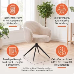 SalesFever Armlehnstuhl »Manchester Cord-Bezug« () 1 Stk.Esszimmerstuhl mit 360° Drehfunktion und Taschenfederkern