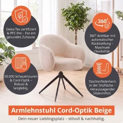 SalesFever Armlehnstuhl »Manchester Cord-Bezug« () 1 Stk.Esszimmerstuhl mit 360° Drehfunktion und Taschenfederkern