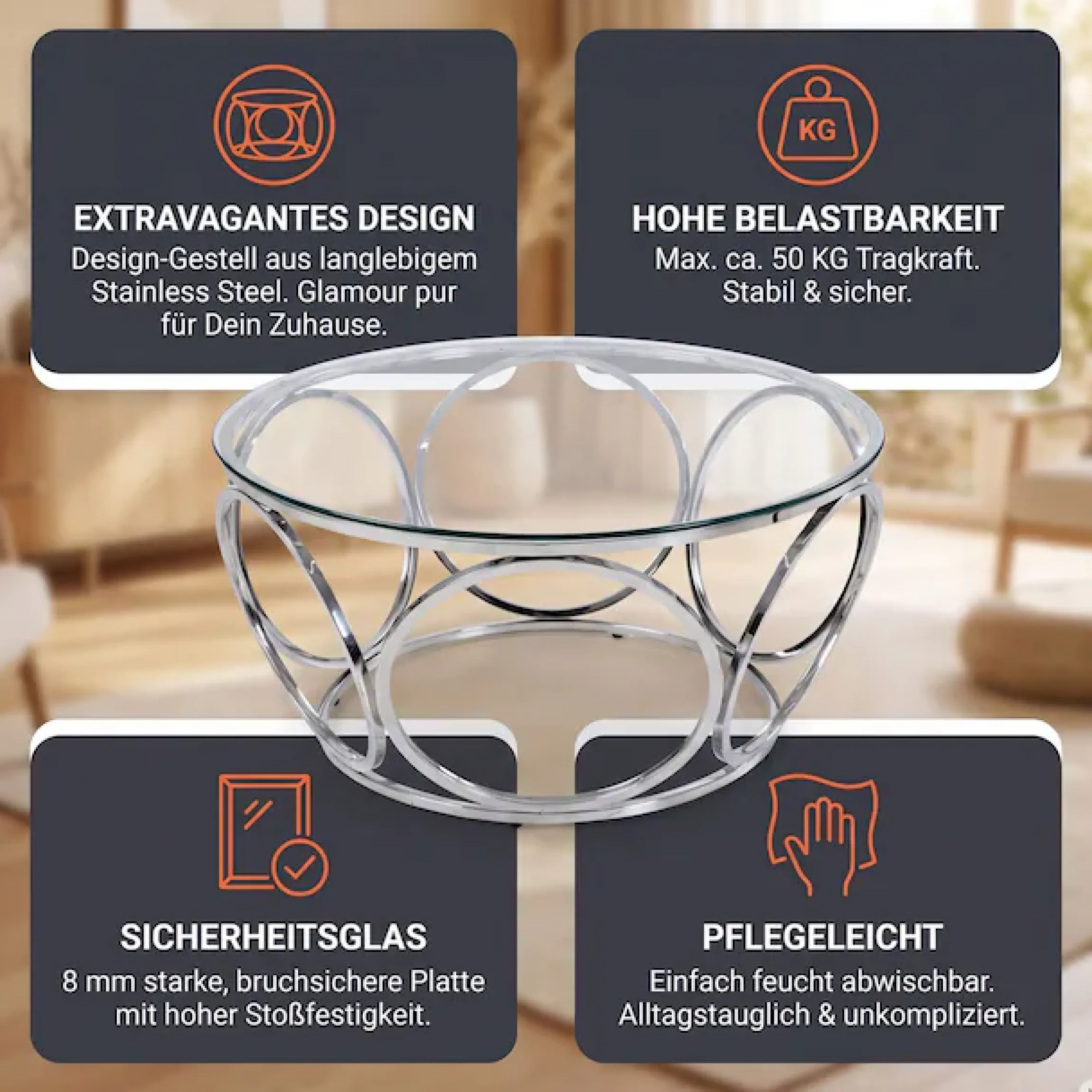 SalesFever Couchtisch »Couchtisch im eleganten Stil« mit Design-Gestell aus Stainless Steel