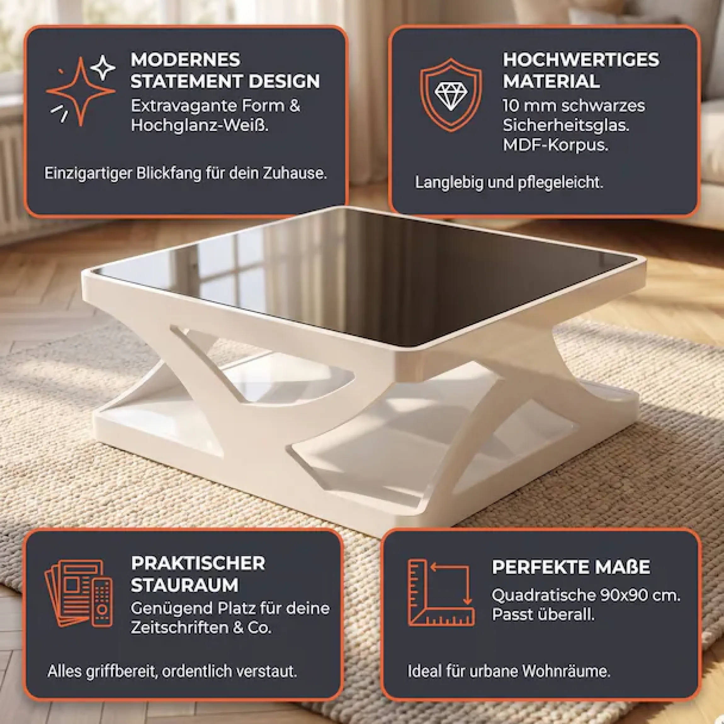 SalesFever Couchtisch »Lacona Coffeetable mit stilvollem Aussehen« 10 mm Schwarzglasplatte, rechteckig oder quadratisch