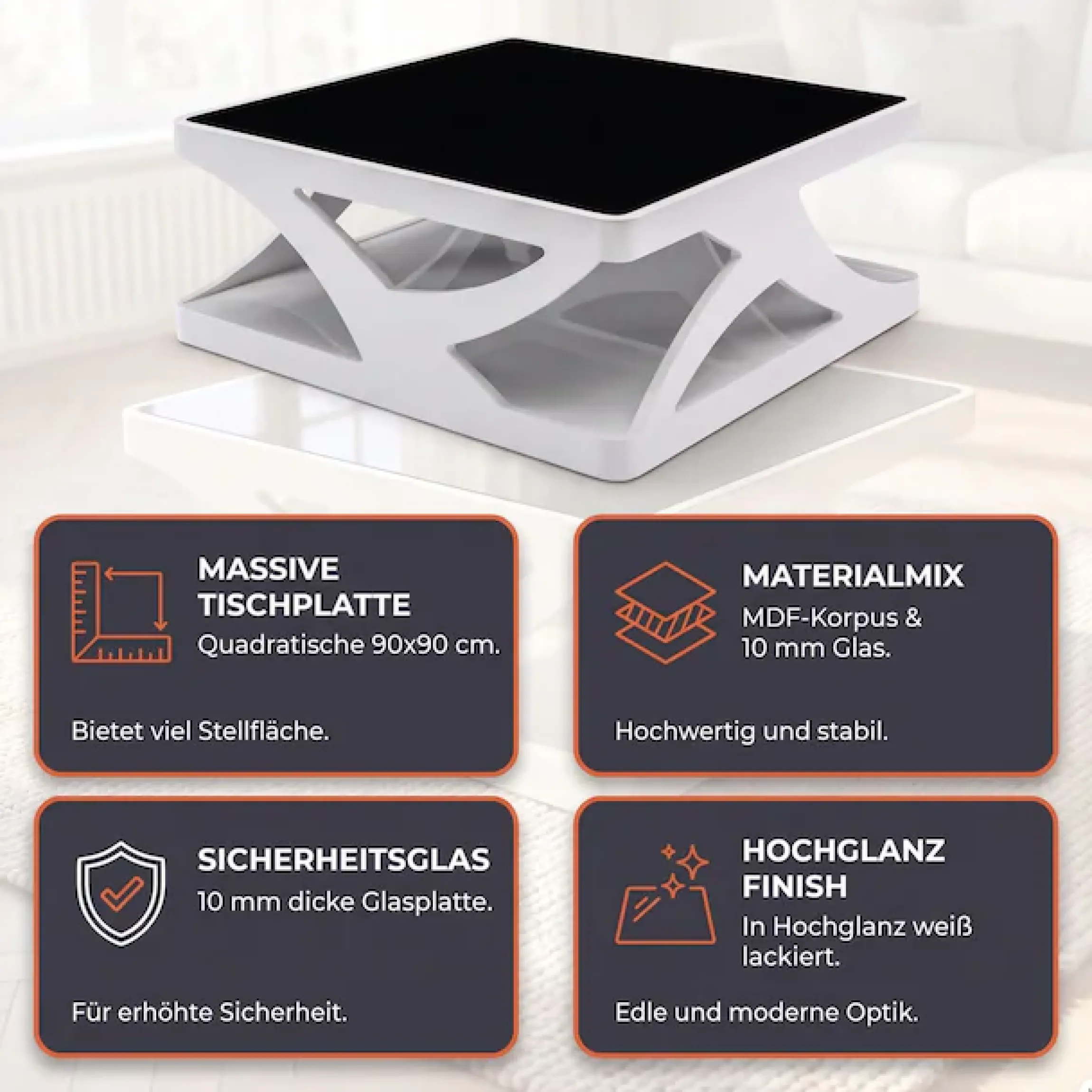 SalesFever Couchtisch »Lacona Coffeetable mit stilvollem Aussehen« 10 mm Schwarzglasplatte, rechteckig oder quadratisch