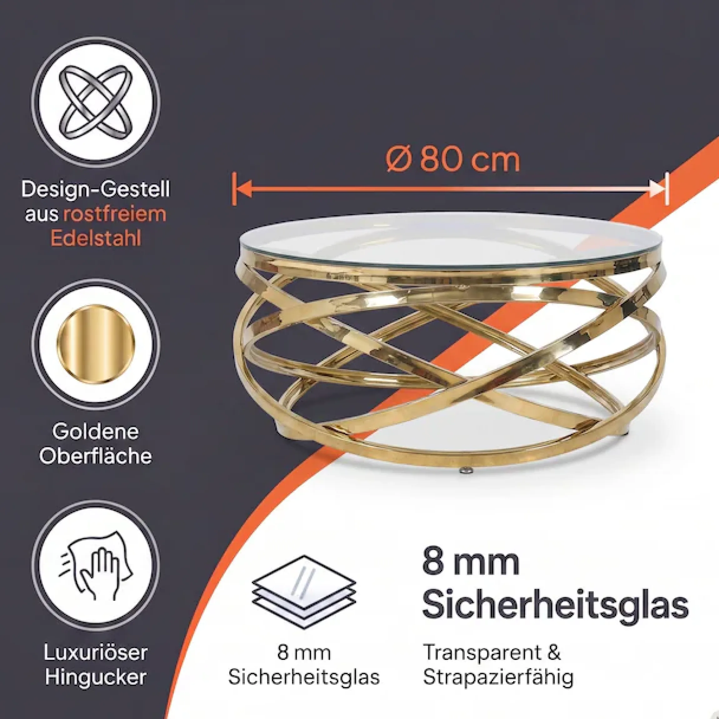 SalesFever Couchtisch »mit Design-Gestell in Stainless Steel für stilvolles Wohnen« Gestell gefertigt aus rostfreiem Edelstahl