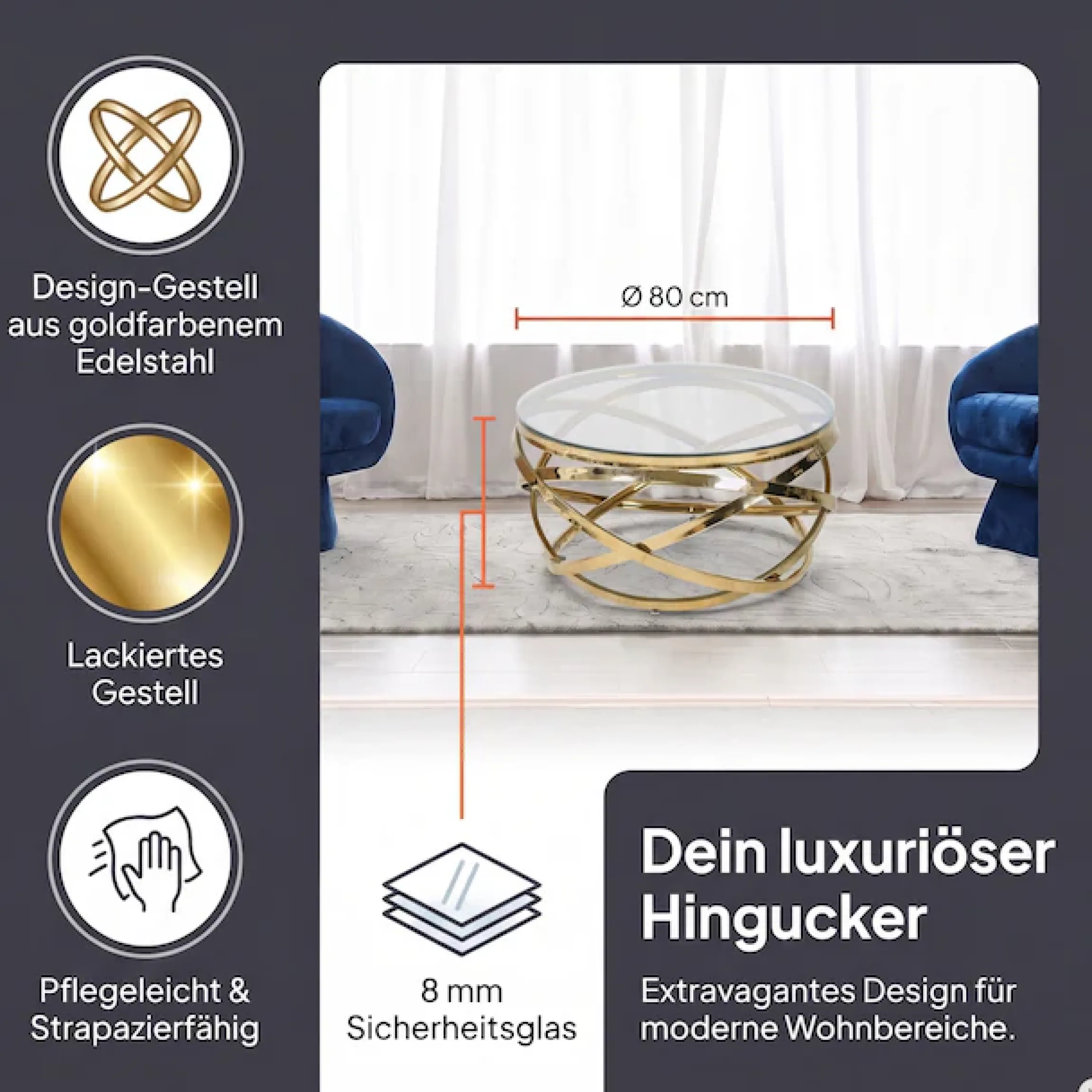SalesFever Couchtisch »mit Design-Gestell in Stainless Steel für stilvolles Wohnen« Gestell gefertigt aus rostfreiem Edelstahl