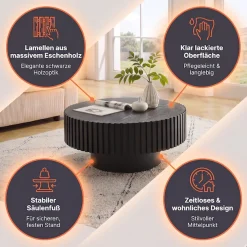 SalesFever Couchtisch »rund mit Massivholz-Lamellen Ø 80 cm« 1 Stk. tlg. Moderner Holztisch fürs Wohnzimmer mit Echtholzfurnier