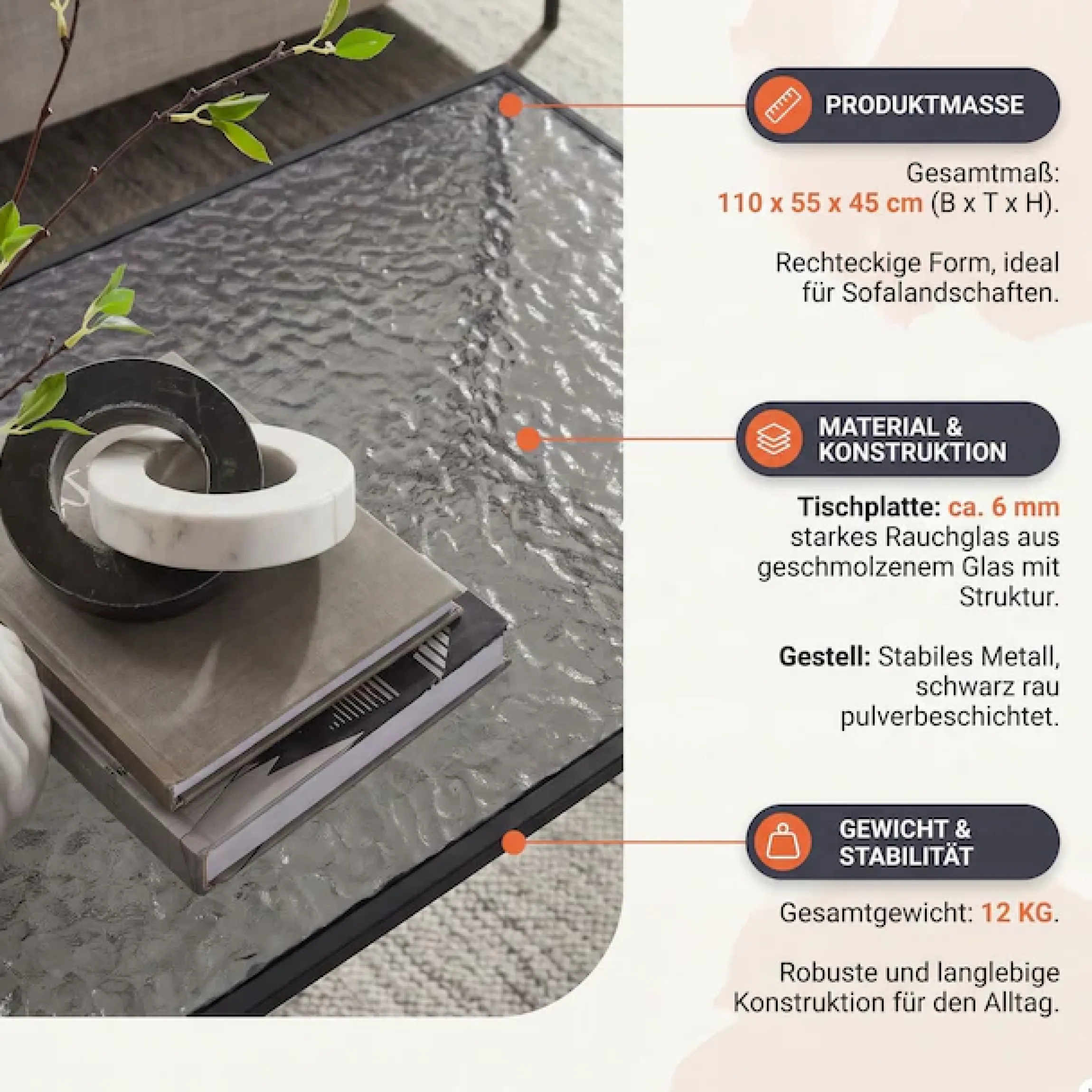 SalesFever Couchtisch »Wohnzimmertisch - Design trifft Funktionalität« 1 Stk. tlg. Glasplatte mit Strukturoptik