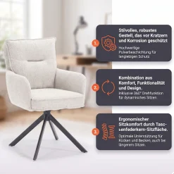 SalesFever Esszimmerstuhl »Austin - Armlehnstuhl mit hochwertiger Taschenfederkern-Polsterung« () 1 Stk.Esszimmersessel: 360° Drehfunktion mit stilvollem Metallfuß