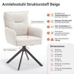 SalesFever Esszimmerstuhl »Austin - Armlehnstuhl mit hochwertiger Taschenfederkern-Polsterung« () 1 Stk.Esszimmersessel: 360° Drehfunktion mit stilvollem Metallfuß