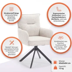 SalesFever Esszimmerstuhl »Austin - Armlehnstuhl mit hochwertiger Taschenfederkern-Polsterung« () 1 Stk.Esszimmersessel: 360° Drehfunktion mit stilvollem Metallfuß