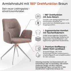 SalesFever Esszimmerstuhl »Taormina Armlehnstuhl mit silbernem Edelstahlgestell« () 1 Stk.Esszimmersessel, 180° Drehfunktion, Gestell aus rostfreiem Edelstahl