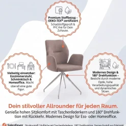 SalesFever Esszimmerstuhl »Taormina Armlehnstuhl mit silbernem Edelstahlgestell« () 1 Stk.Esszimmersessel, 180° Drehfunktion, Gestell aus rostfreiem Edelstahl