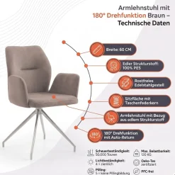 SalesFever Esszimmerstuhl »Taormina Armlehnstuhl mit silbernem Edelstahlgestell« () 1 Stk.Esszimmersessel, 180° Drehfunktion, Gestell aus rostfreiem Edelstahl