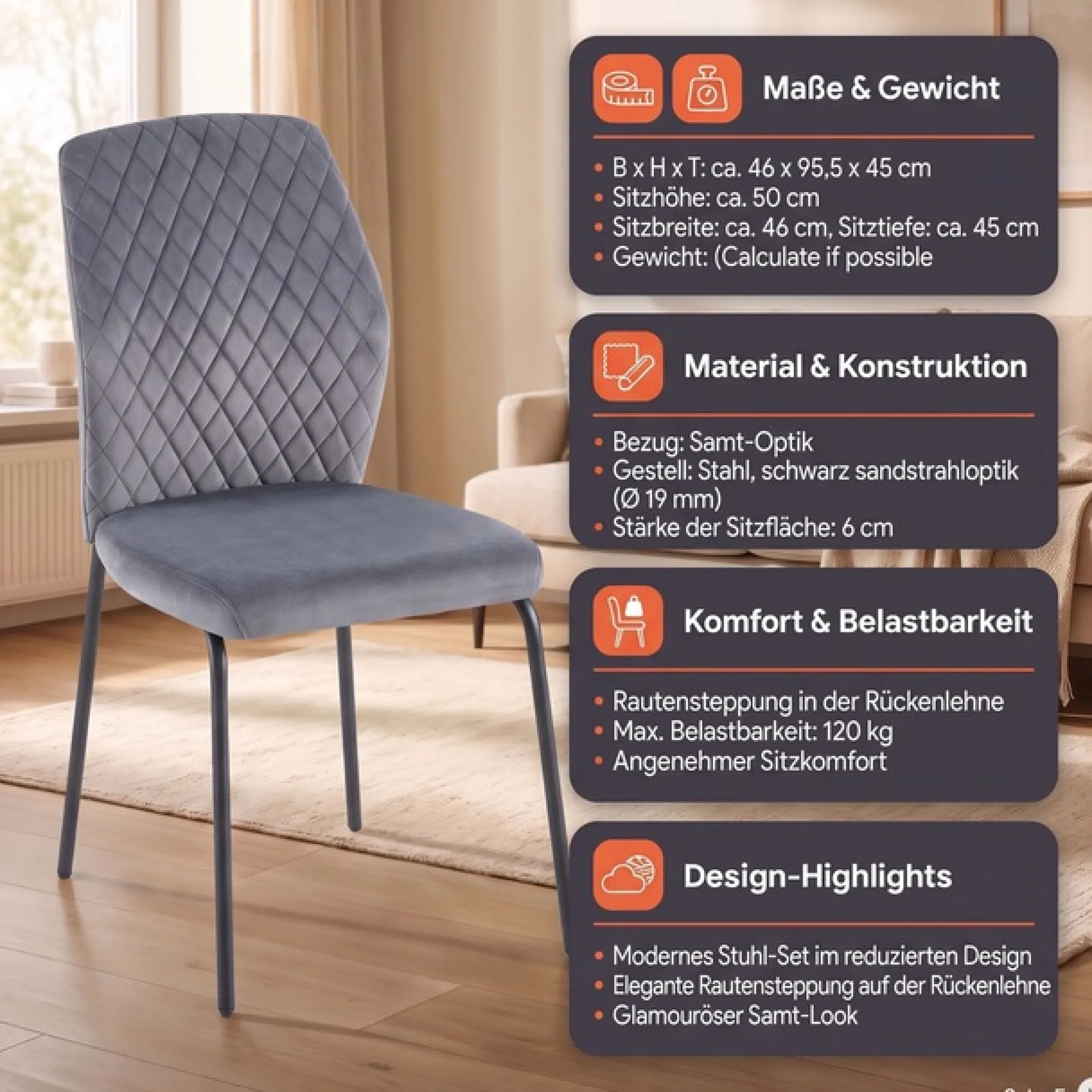 SalesFever 4-Fußstuhl »Esszimmerstuhl mit elegantem Stil« (Set) 2 Stk.2er Set mit eleganter Wabensteppung im Rücken