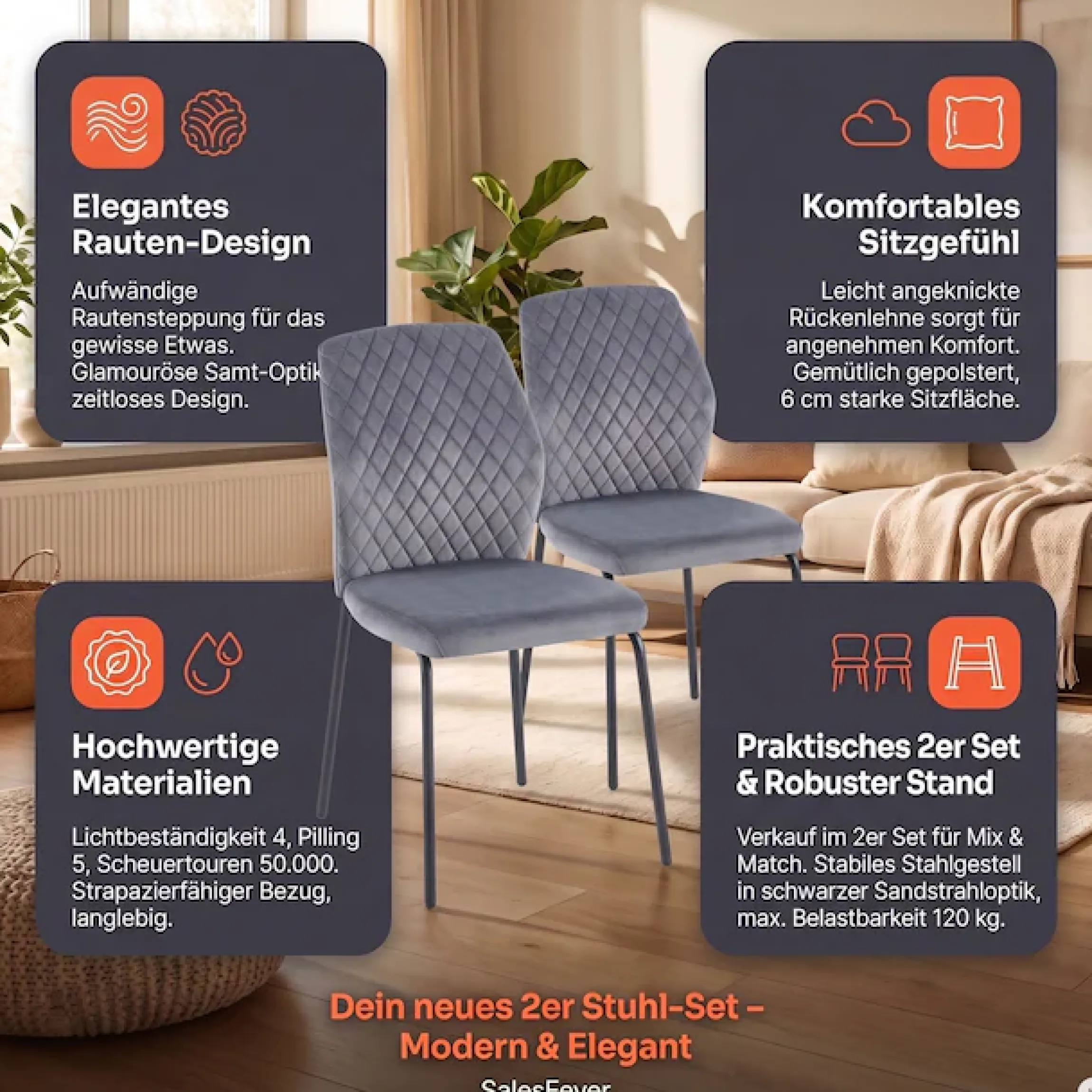 SalesFever 4-Fußstuhl »Esszimmerstuhl mit elegantem Stil« (Set) 2 Stk.2er Set mit eleganter Wabensteppung im Rücken