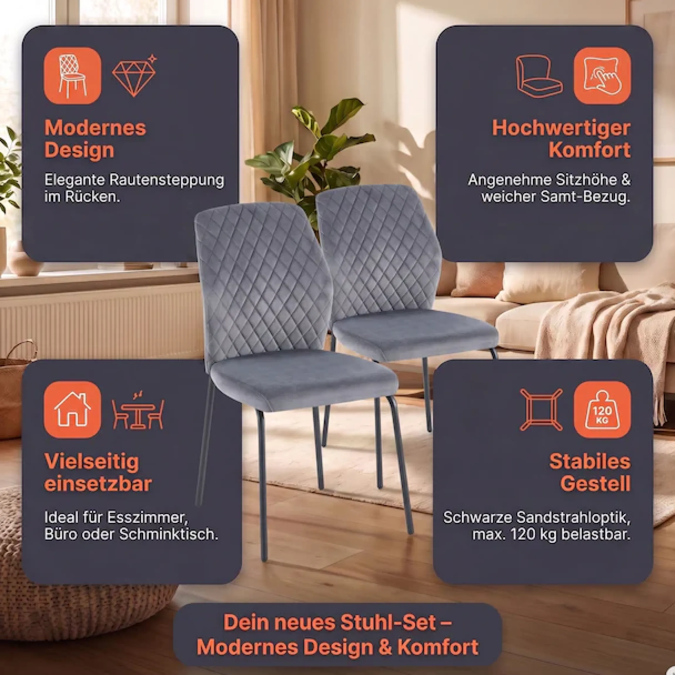 SalesFever 4-Fußstuhl »Esszimmerstuhl mit elegantem Stil« (Set) 2 Stk.2er Set mit eleganter Wabensteppung im Rücken