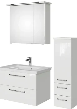 Saphir Badmöbel-Set »Badmöbel-Set Trentino 3-tlg Mineralmarmorwaschtisch,LED-Spiegelschrank« 4 Stk. tlg.