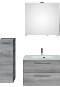 Saphir Badmöbel-Set »Badmöbel-Set Trentino 3-teilig Glas-Waschtisch mit LED-Spiegelschrank« 4 Stk. tlg.