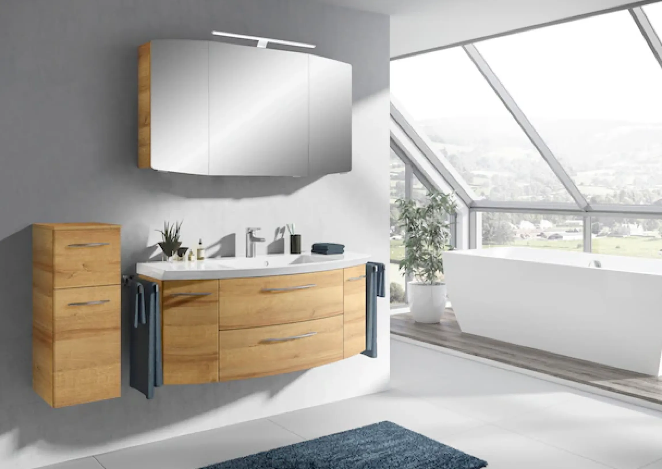 Saphir Badmöbel-Set »Cassca Sprint 3-teilig Mineralmarmor-Waschtisch mit LED-Spiegelschrank« 4 Stk. tlg.