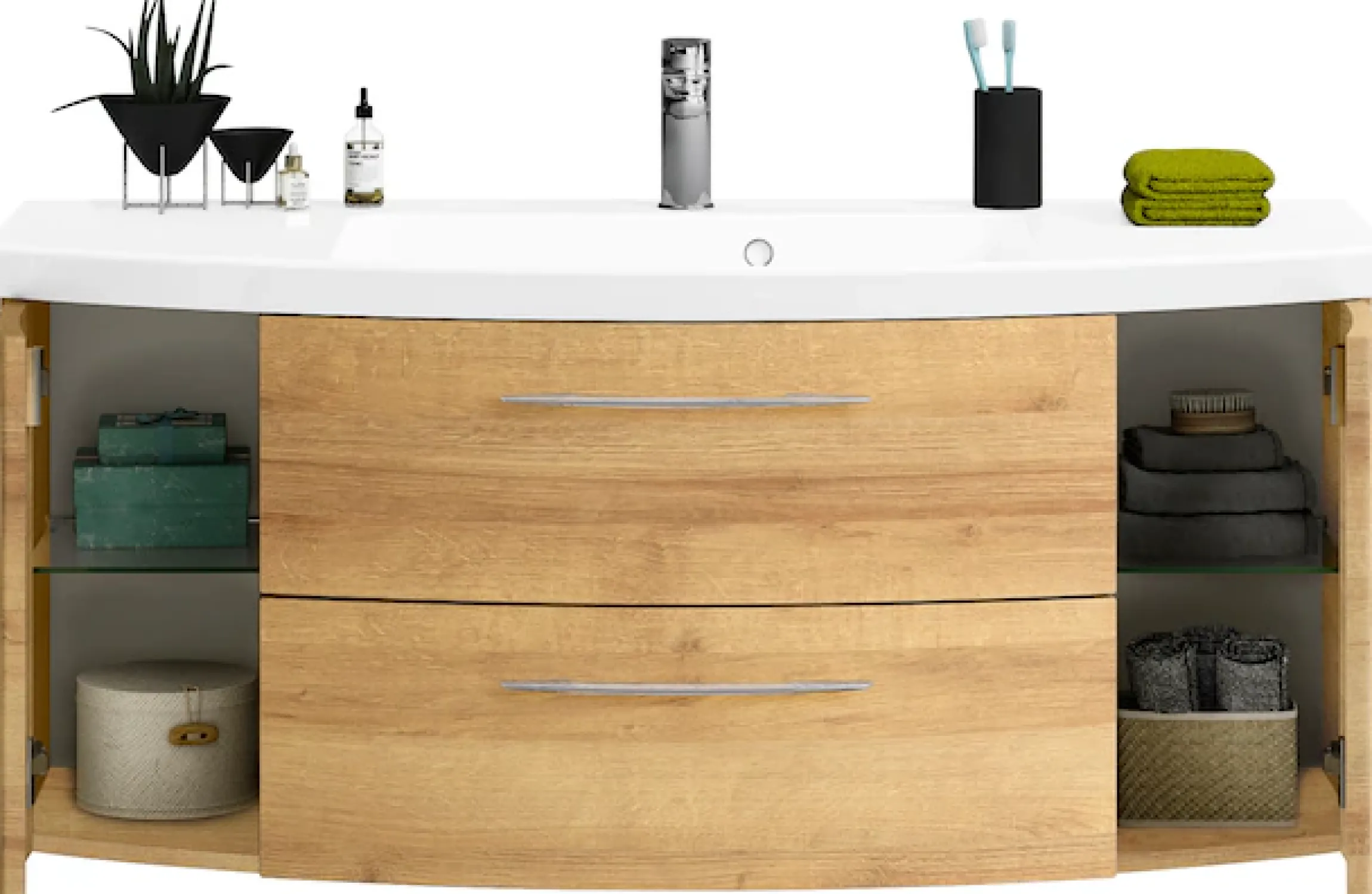 Saphir Badmöbel-Set »Cassca Sprint 3-teilig Mineralmarmor-Waschtisch mit LED-Spiegelschrank« 4 Stk. tlg.