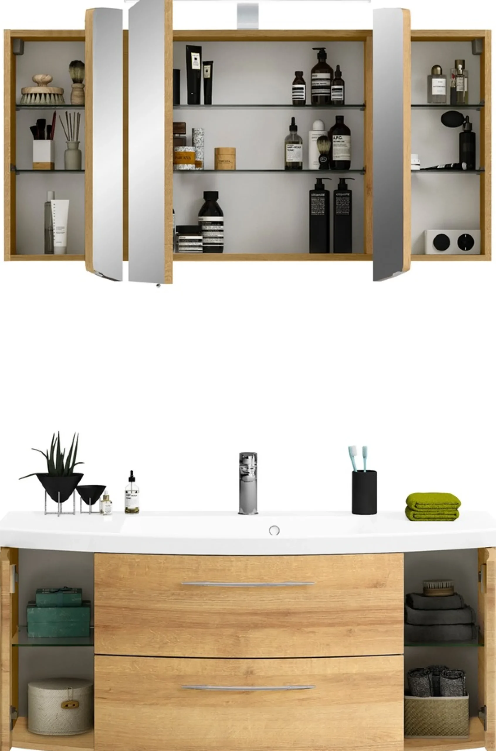 Saphir Badmöbel-Set »Cassca Sprint 2-teilig Mineralmarmor-Waschtisch mit LED-Spiegelschrank« 2 Stk. tlg.