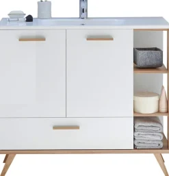Saphir Badmöbel-Set »Quickset Mineralmarmor-Waschtisch mit LED-Spiegelschrank« 6 Stk. tlg.