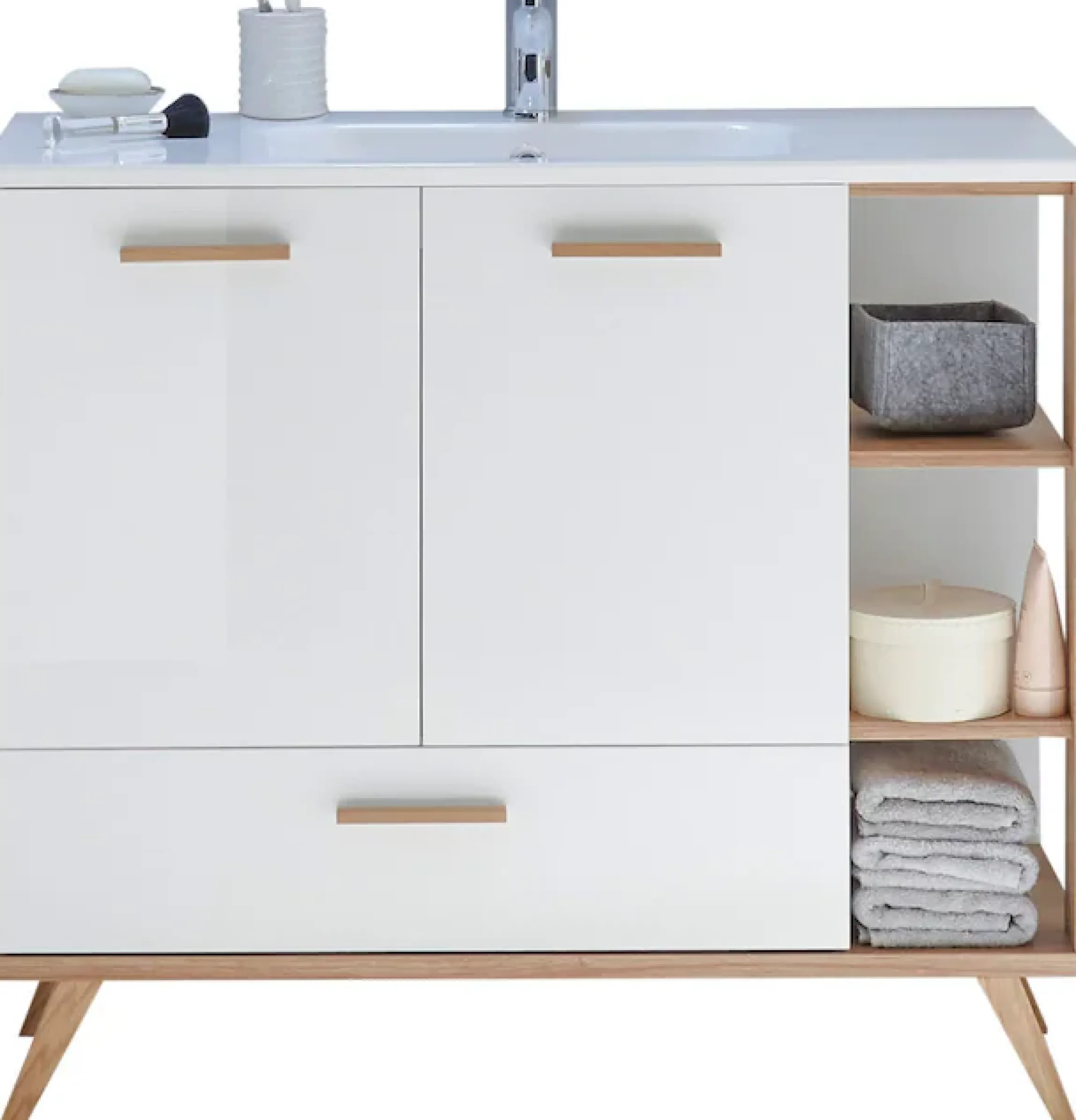 Saphir Badmöbel-Set »Quickset Mineralmarmor-Waschtisch mit LED-Spiegelschrank« 6 Stk. tlg.