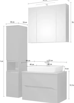 Saphir Badmöbel-Set »Quickset 3-teilig, Keramik-Aufsatzbecken mit LED-Spiegelschrank« 3 Stk. tlg.