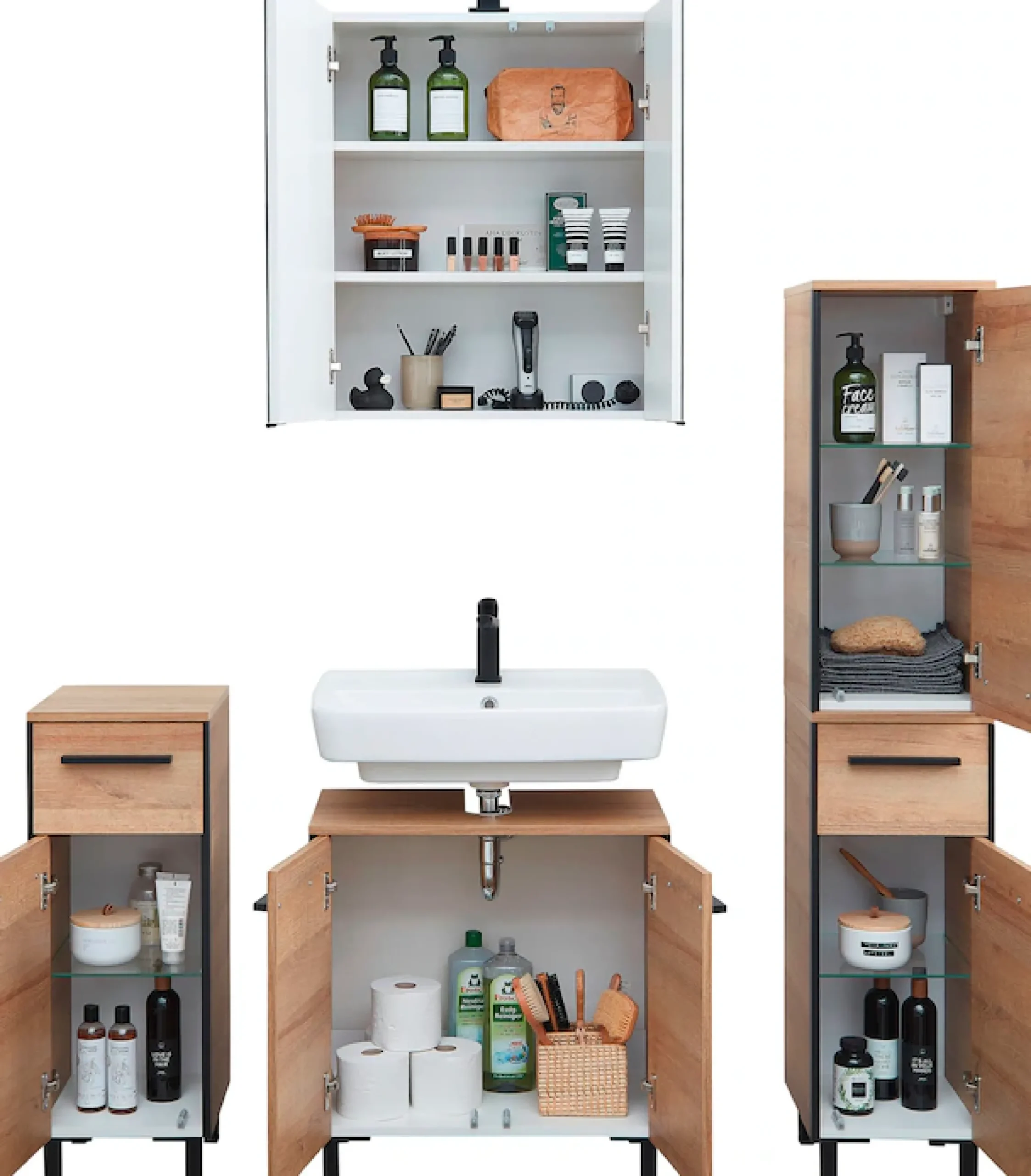 Saphir Badmöbel-Set »Quickset 395 4-teilig, Waschbeckenunterschrank mit LED-Spiegelschrank« 5 Stk. tlg.