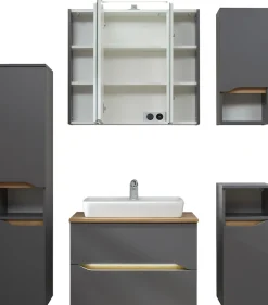 Saphir Badmöbel-Set »Quickset 5-teilig, Keramik-Aufsatzbecken und LED-Spiegelschrank« 8 Stk. tlg.