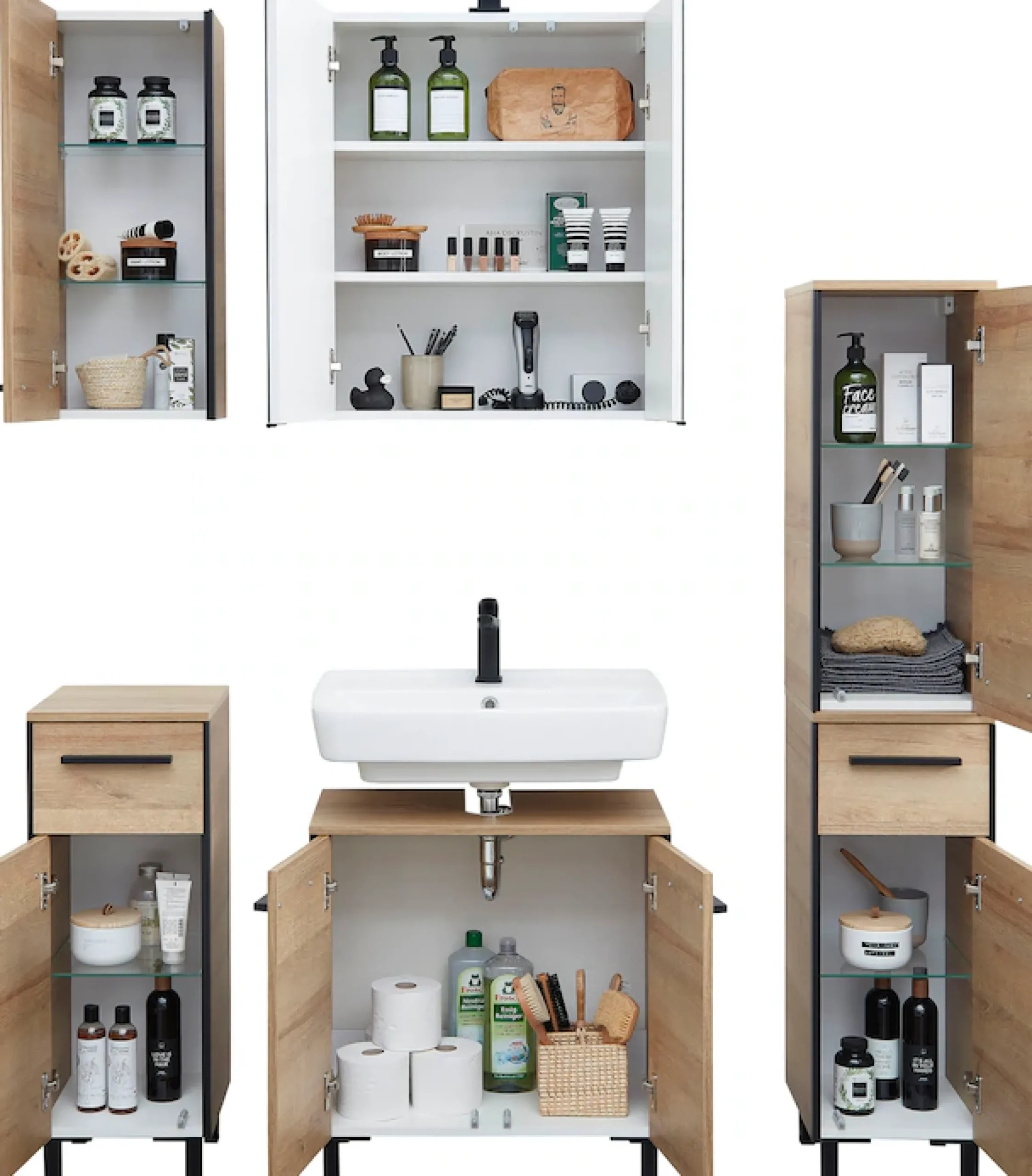 Saphir Badmöbel-Set »Quickset 395 5-teilig, Waschbeckenunterschrank mit LED-Spiegelschrank« 5 Stk. tlg.