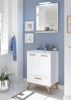 Saphir Badspiegel »Quickset 923 Spiegel 60 cm breit mit Ablage« Flächenspiegel Weiß Glanz, Riviera Eiche quer Nachbildung