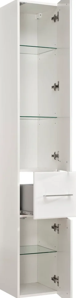 Saphir Hochschrank »Quickset 376 Badschrank 30 cm breit, 2 Türen, 1 Schublade« Badezimmer-Hochschrank, Weiß Hochglanz, Griffe in Chrom glänzend