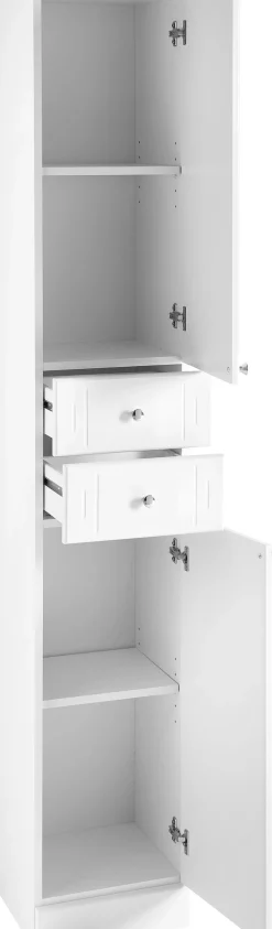 Saphir Hochschrank »Quickset 955 Badschrank, 32,5 cm breit, 2 Türen, 2 Schubladen« Badezimmer-Hochschrank inkl. Türdämpfer, Griffe in Chrom glänzend