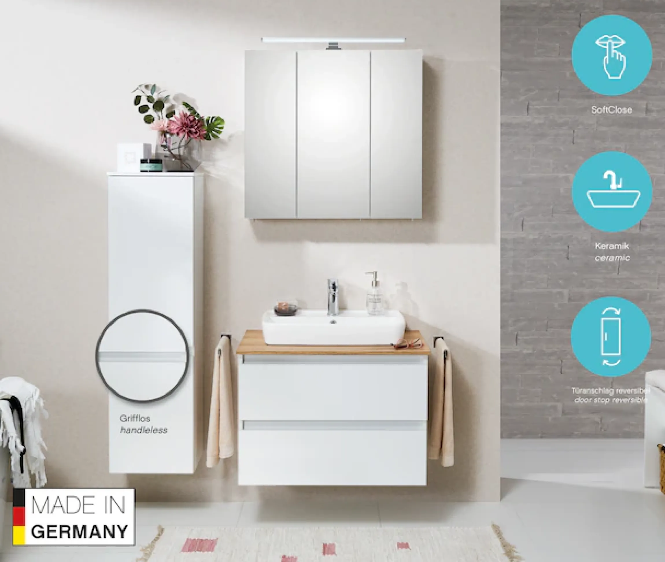 Saphir Midischrank »Quickset 360 Badschrank in Weiß Glanz mit 2 Türen, 3 Glas-Einlegeböden« inkl. Türdämpfer, 35 cm breit, 124,5 cm hoch, grifflos, wandhängend