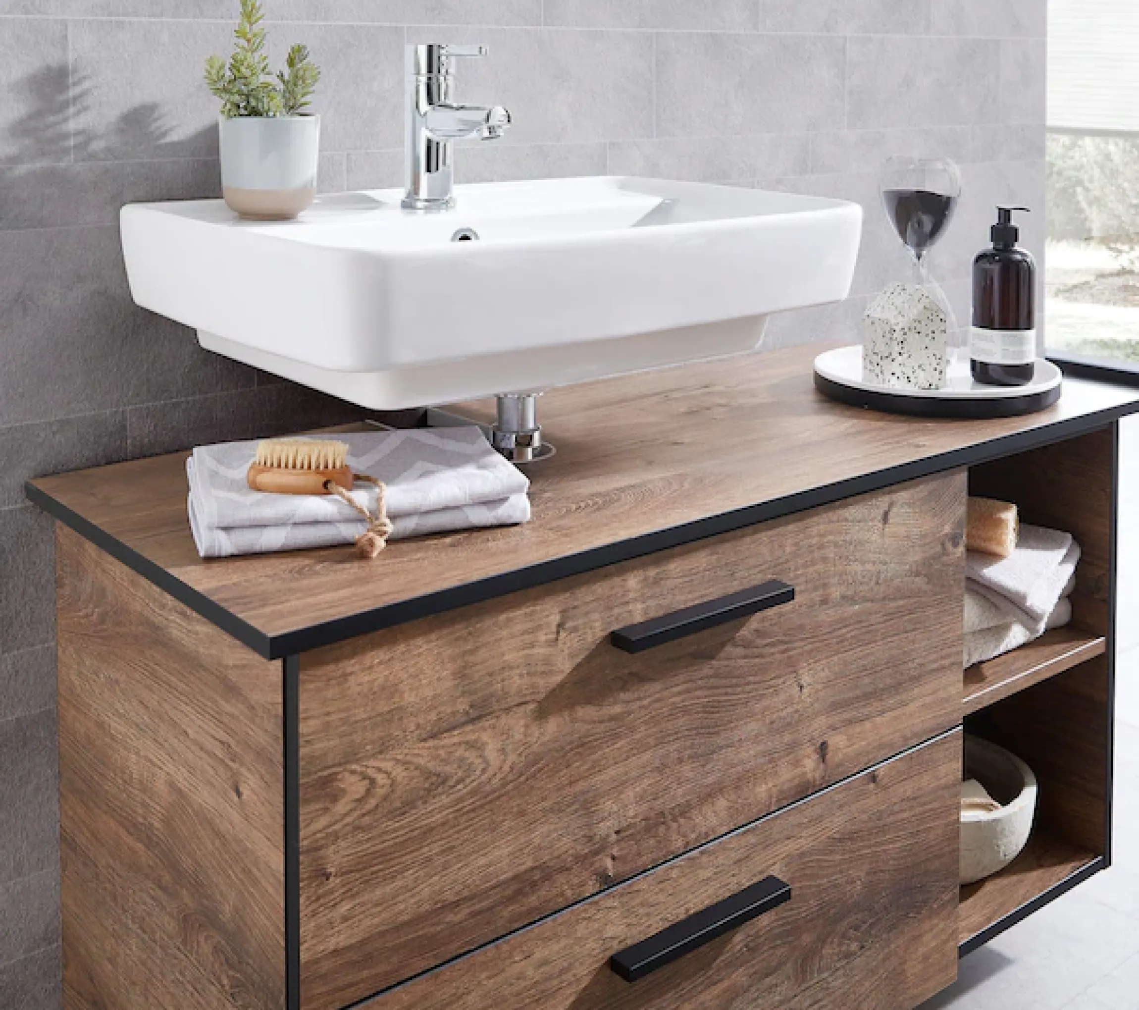 Saphir Unterschrank »Quickset 374 Badschrank mit 2 offenen Fächern, Unterschrankregal« Badezimmer-Regal, Eiche Ribbeck quer Nachbildung, 30 cm breit