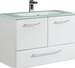 Saphir Waschtisch »Quickset Glaswaschtisch mit Unterschrank, 74 cm breit, Waschplatz« Griffe in Chrom Glanz, inkl. Türdämpfer, 2 Türen, 1 Schublade