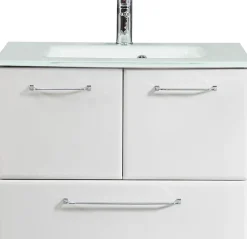 Saphir Waschtisch »Quickset Glaswaschtisch mit Unterschrank, 74 cm breit, Waschplatz« Griffe in Chrom Glanz, inkl. Türdämpfer, 2 Türen, 1 Schublade