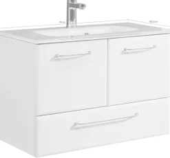 Saphir Waschtisch »Quickset Glaswaschtisch mit Unterschrank, 74 cm breit, Waschplatz« Griffe in Chrom Glanz, inkl. Türdämpfer, 2 Türen, 1 Schublade
