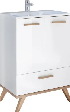 Saphir Waschtisch »Quickset Mineralmarmor-Waschtisch mit Unterschrank, 61 cm breit« Wachplatz, Holzgriffe, inkl. Türdämpfer, 2 Türen, 1 Schublade