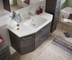Saphir Waschtisch »Quickset Waschplatz, Mineralmarmor-Waschtisch, 112 cm breit, 2 Türen« Unterschrank mit Waschbecken, inkl. Türdämpfer, Griffe Chrom Glanz