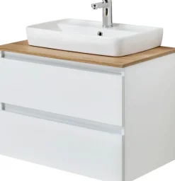 Saphir Waschtisch »Quickset 360 Waschplatz mit Keramik-Aufsatzbecken, wandhängend« Waschtischplatte, 78 cm breit, Weiß Glanz, 2 Schubladen