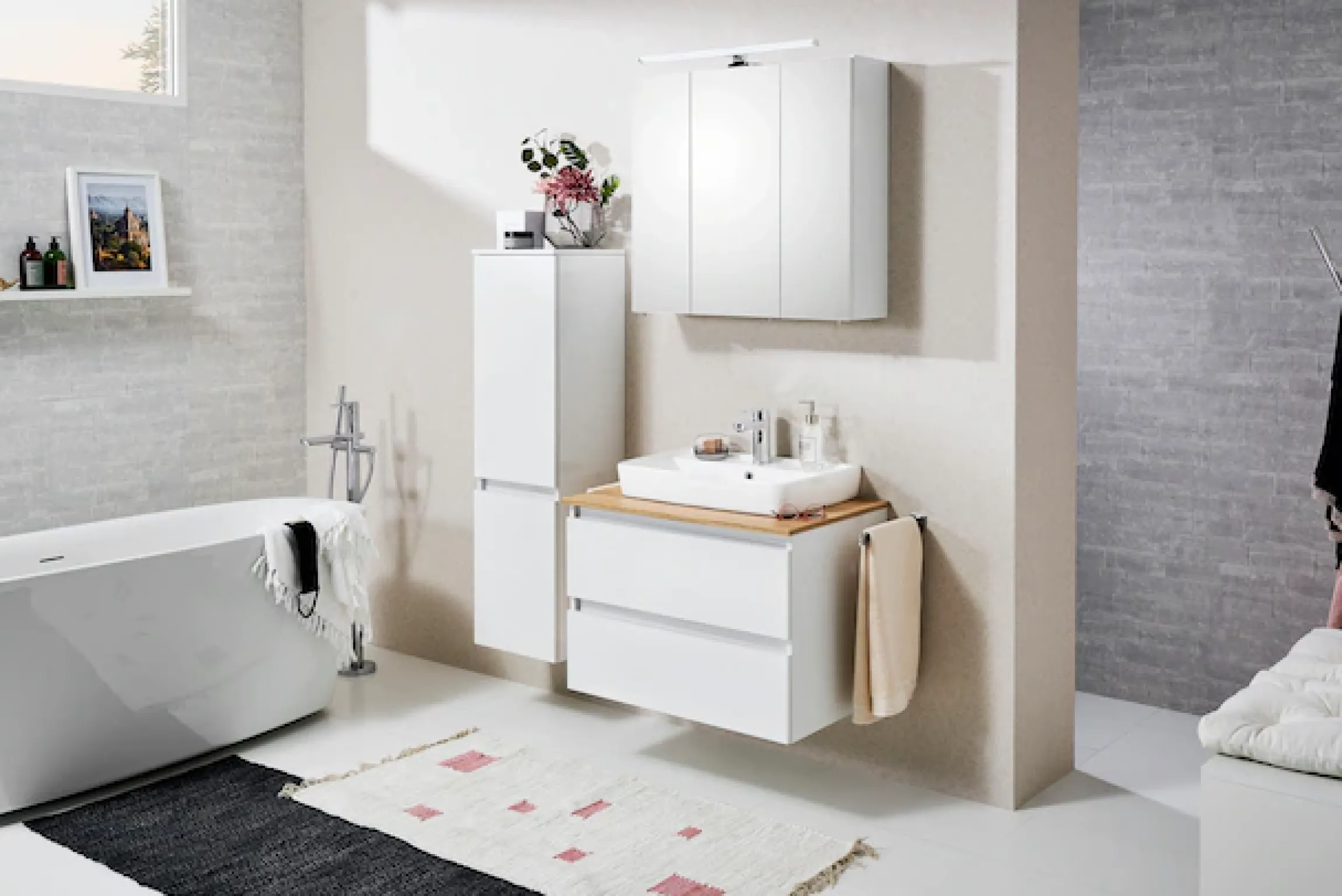 Saphir Waschtisch »Quickset 360 Waschplatz mit Keramik-Aufsatzbecken, wandhängend« Waschtischplatte, 78 cm breit, Weiß Glanz, 2 Schubladen