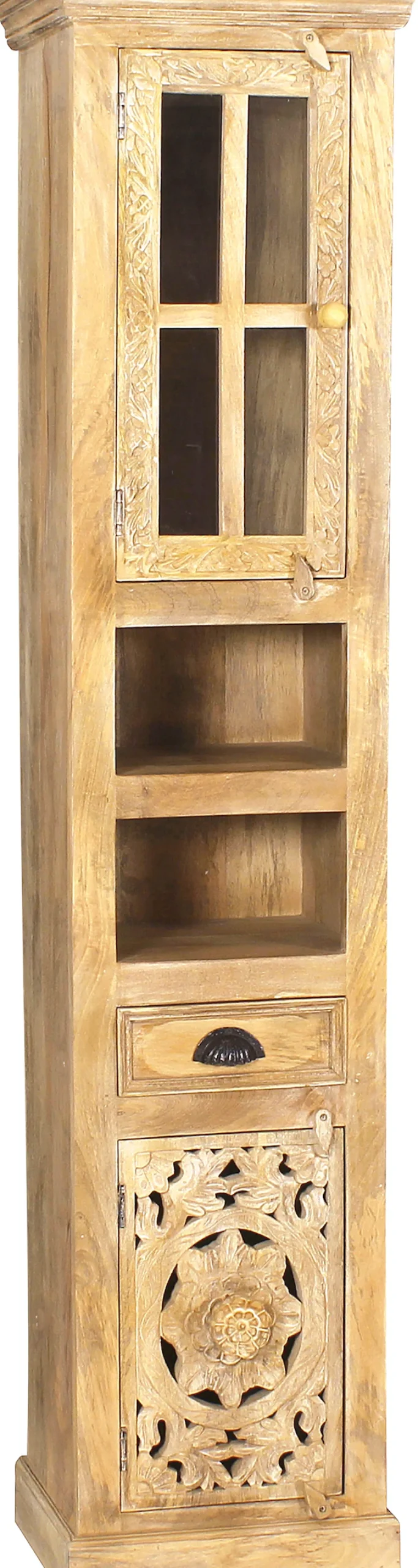 SIT Hochschrank »LAKADEE Mangoholz mit 1 Tür, 1 Glastür & Schublade« Kunstvolle Schnitzereien und Glastür als stilvolle Highlights