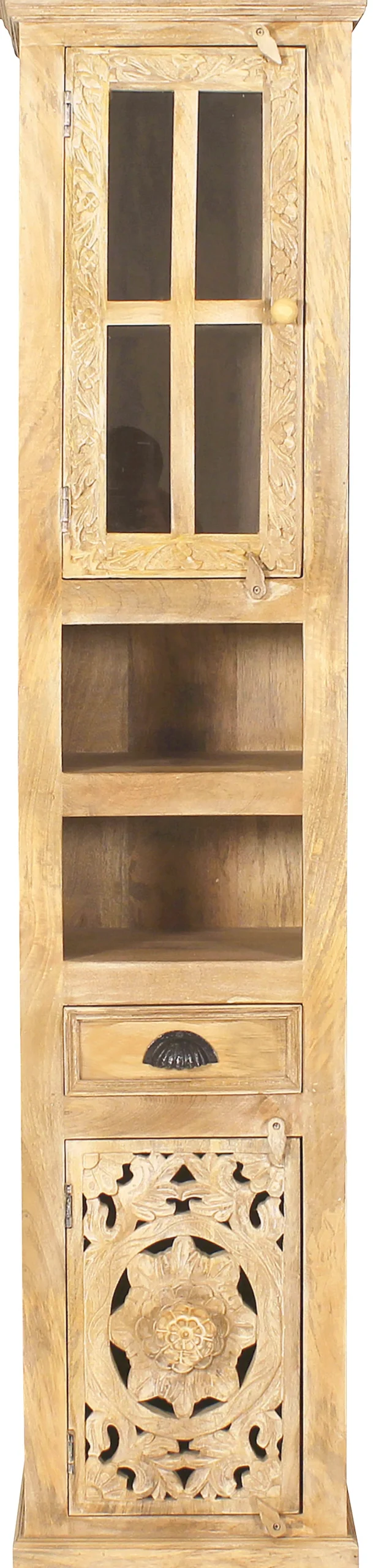 SIT Hochschrank »LAKADEE Mangoholz mit 1 Tür, 1 Glastür & Schublade« Kunstvolle Schnitzereien und Glastür als stilvolle Highlights