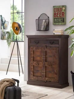 SIT Kommode »Seoul aus Altholz mit Schnitzereien« Highboard mit Schnitzdekor, Metallapplikationen, 2 Türen & 1 Schublade